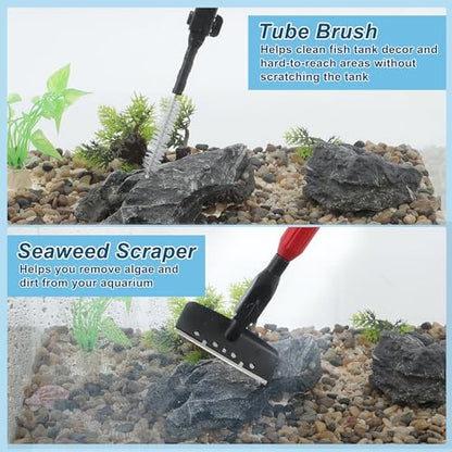 Fish Tank Cleaning Tools, 6 in 1 Fish Tank Cleaning Tools, Aquarium Cleaning Kit, Adjustable Telescopic Long Handle, with Scraper, Fish Net, Gravel Rake, Sponge Brush