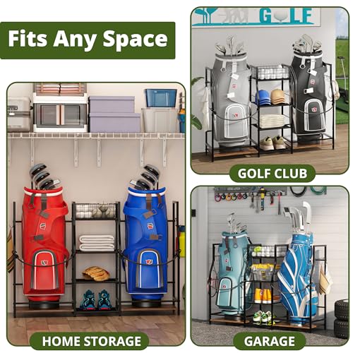Jsskeeim Golf Bag Storage Organizer for Garage Organization, Golf Bag Stand for Golf Bag Accessories, Spacious Golf Rack for Golf Clubs & Golf Essentials, Ideal Golf Gifts for Men (Fits 2 Golf Bags) - style: 2 Bags