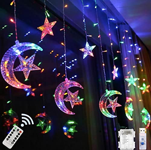 House Warming & Eid LED Curtain String Lights - Indoor/Outdoor Twinkle Star Moon USB/Battery Operated Window Wall Hanging, Festive Party Decoration (6 Moon Star_LED)