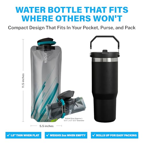 Vapur Collapsible Water Bottle with Carabiner - 34oz (1L), Grey & Teal - Flexible, Lightweight Water Bottle for Travel, Concert, Hiking, and Outdoor Adventures - BPA-Free, Dishwasher-Safe, Freezable - color: Grey & Teal