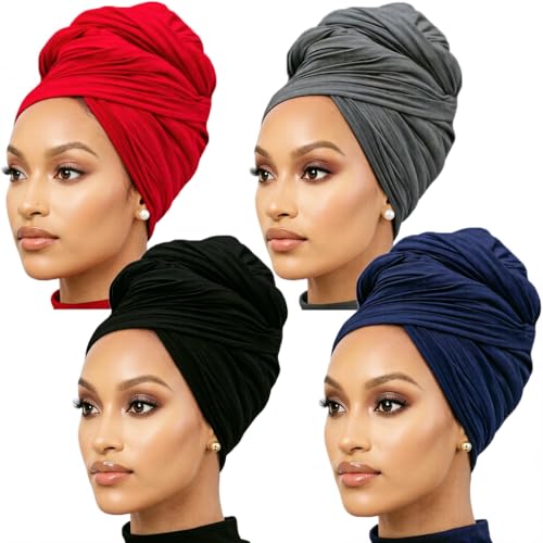 Nonbongoy Head Wraps for Black Women Stretch Headwraps Large Hair Wraps Hijab Scarves for Muslim Head Scarf Turban Headbands - color: 4-black&wine Red&navy Blue&wine Red