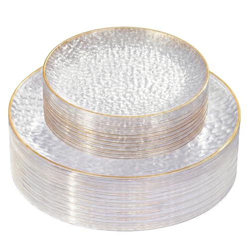 Rubtlamp 60Pcs Clear Plastic Plates,Clear Disposable Plates With Gold Rim,Heavy-duty Gold Plates,Hammered Party Plates Include 30Clear Dessert-Platos,30Dinner-Platos for Wedding, Party - color: Clear Gold