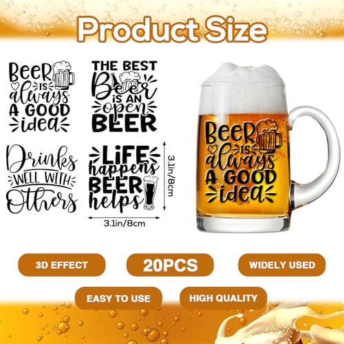 Shejdgart 20 Sheets Funny Beer UV DTF Cup Wrap Transfer Stickers for Glass | Drink Black Margs and Matrimony Bachelorette UVDTF Wraps, Rub on Transfers, for Water Bottle, Strong Adhesion - style: Funny Beer