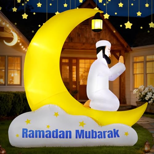 DomKom 6ft Ramadan Decorations, Eid Inflatable Muslims Pray Under the Moon Blow Up with LED Lights for Holiday Yard Garden Outdoor Decor - style: Ramadan DG