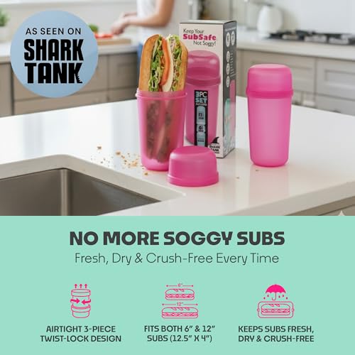 SubSafe 3-Piece Sub Sandwich Container, Hot Pink - As Seen on Shark Tank - Waterproof, Crushproof, BPA-Free Food Storage that Floats - Fits 6 & 12 in Subs - Great for Travel, Beach, Camping - color: Hot Pink 3 piece