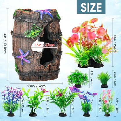 Fish Broken Barrel Decor Fish Tank Decorations Betta Fish Tank Accessories,Starfish Barrel x 1pc, Aquarium Plants x 8pcs - size: 9 Pcs