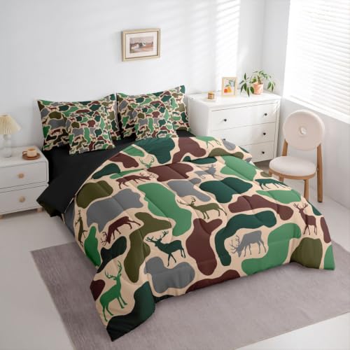 Erosebridal Camo King Comforter Set with Sheets 7 Piece Deer Hunting Bed in A Bag Army Green Military Camouflage Bedding Sets Rustic Country Wildlife Bed Set - color: Army Green Brown, size: King
