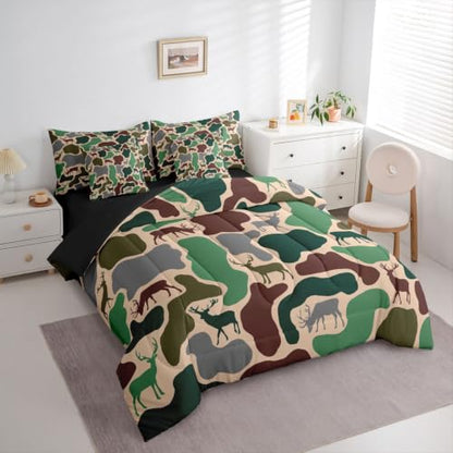 Erosebridal Camo King Comforter Set with Sheets 7 Piece Deer Hunting Bed in A Bag Army Green Military Camouflage Bedding Sets Rustic Country Wildlife Bed Set - color: Army Green Brown, size: King