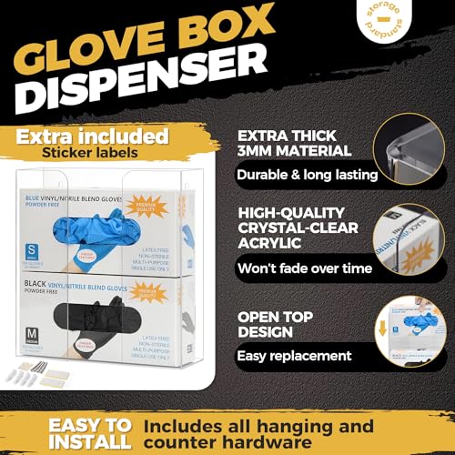 Storage Standard Double Glove Box Holder Dispenser - Kitchen, Medical, & Latex Gloves Holder Wall Mount or Countertop, Universal Fit - Thick Acrylic, Easy to Use, Slide, & Load Open Top Design - Clear - color: Clear - Double