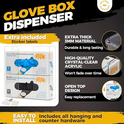Storage Standard Double Glove Box Holder Dispenser - Kitchen, Medical, & Latex Gloves Holder Wall Mount or Countertop, Universal Fit - Thick Acrylic, Easy to Use, Slide, & Load Open Top Design - Clear - color: Clear - Double