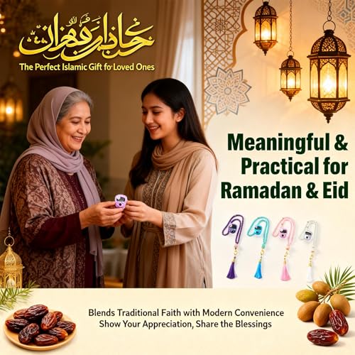 INSYOHO Islamic Prayer Beads & Glitter Tasbeeh Counter 4 Pack - Digital Finger Counter, Muslim Tasbih for Dhikr Meditation Ramadan, Elegant Islamic Gift - color: Pink + White + Sky Blue + Purple
