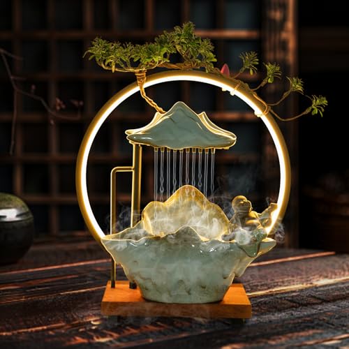 Backflow Incense Holder with Water Fountains and LED Light, Rockery, Maitreya and Plants Perfect for Relaxing or Home Decor (Maitreya) - style: Maitreya