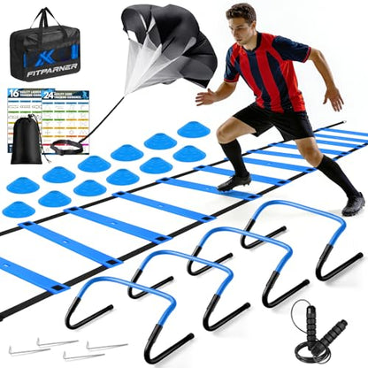 Agility Ladder, Soccer Football Training Equipment Set - 20ft Speed Ladder, 4 Hurdles,Parachute, 12 Cones & Jump Rope | Agility & Speed Training for Kids Youth Adults,Basketball & Football Accessories - color: Blue