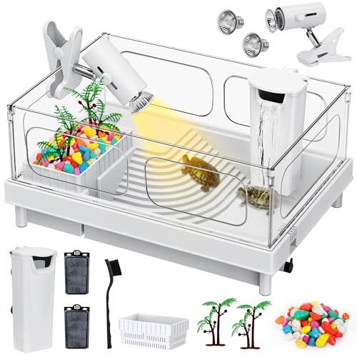 Small Turtle Tank Kit with Light and Filter for Baby Turtles | White Clear-Panel Habitat, with Basking Platform, Easy-Clean Starter Aquarium with Bottom Drain - color: White, size: Small Tank Complete Kit