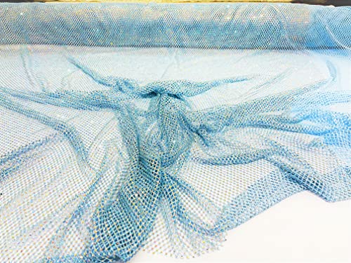 New Creations Fabric & Foam Inc, 45" Wide AB Iridescent Rhinestone On Soft Stretch Fish Net Fabric by The Yard (1 Yard, Iridescent Rhinestones on Light Blue Mesh) - color: Iridescent Rhinestones on Light Blue Mesh