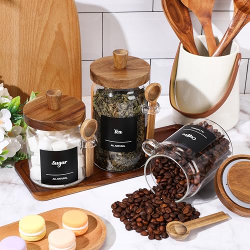 3 Pcs Glass Coffee Container with Wooden Lid Spoon Shelf Labels Clear Airtight Jar Food Storage Canister Set for Sugar Spice Coffee Bean Holder Housewarming Gift(13.5,20,25 oz,Acacia Brown) - size: 13.5,20,25 oz