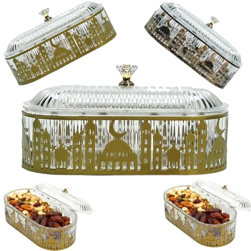 Ramadan Tray for Dates and Sweets - Gold Metal Eid Mubarak Serving Tray with Clear Lid - Elegant Islamic Mosque & Moon Decor - Decorative Snack Candy Platter for Iftar, Eid al-Fitr, & Muslim (A-1) - color: A-1
