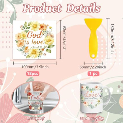 Peacoblue 18 Sheets Rub on Transfers for Crafts, Christian Bible with Wreath 3.6"x3.9" UV DTF Cup Wraps Waterproof Rub on Cold Transfers Stickers for Wood Glass Metal Cup Tumblers Mirrors Mugs Decor - style: Christian Bible with Wreath