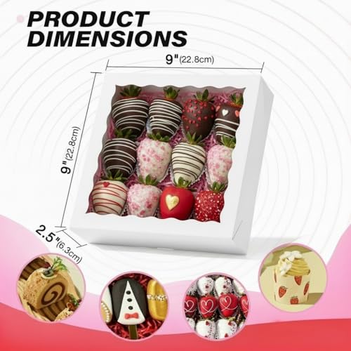 12Pack 9X9X2.5 Inches White Bakery Boxes,Pie Boxes with Clear Window Treat Boxes for Chocolate Strawberries, Pastries, Muffins, Donuts,Cookie,Breakable Heart - color: White