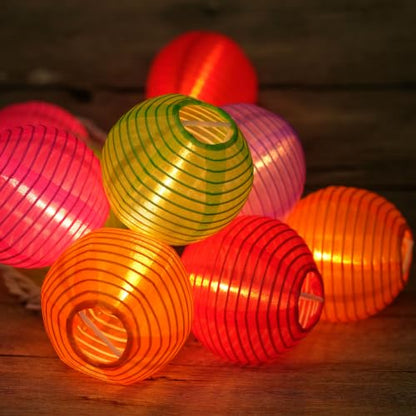 HOSY 10-Pack Multicolor 3-in Lantern, 11 ft White Wire Plug-in String Light | Self-assembly Required, Nylon Fabric, 3-in Diameter, 12-in Spacing, End-to-end Connectable, UL Certified - color: Multicolor
