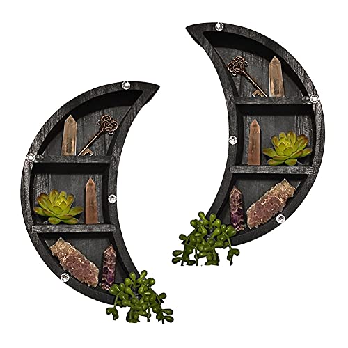 Saycker 2 Pcs Black Wooden Moon Shelves: Ethereal Wall - Mounted Stage for Crystals, Weaving a Dreamy Lunar - Themed Living Room Decor & Floating Shelves Enchantment