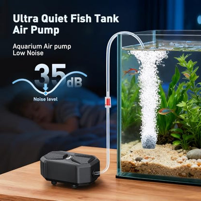 hygger Aquarium Air Pump, Ultra Quiet Oxygen Aerator with Air Stone Airline Tubing Check Valve, Aquarium Fish Tank Air Bubbler for 3 to 79 Gallon Tank and Bucket - size: Small