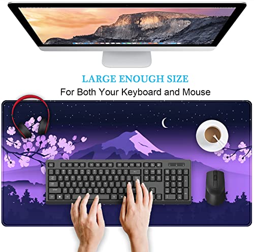 Purple Desk Mat Japanese Desk Pad Cute Fuji Mountain Gaming Mousepad Large, Cherry Blossom Mouse Pad XXL Desk Mats, Kawaii Anime Deskmats Desktop Protector Laptop Keyboard Mat Pad 31.5x15.75 in - color: Q-purple Cherry Blossom