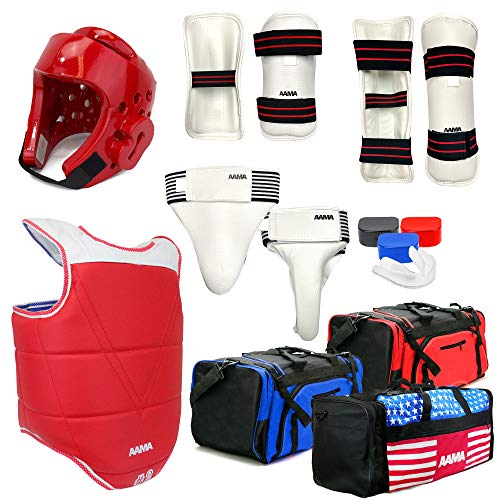 AAMA Complete Taekwondo Sparring Protective Gear Equipment Set - Customizable - color: SET C Red (Shin Guard)