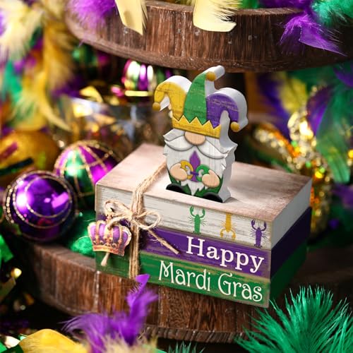 4 Pcs Mardi Gras Decorations Wooden Mardi Gras Table Centerpiece Crawfish Gnome Carnival Tiered Tray Decorations Mini Wooden Faux Books Stack Signs for Masquerade Office Tabletop Bookshelf - style: Crowns