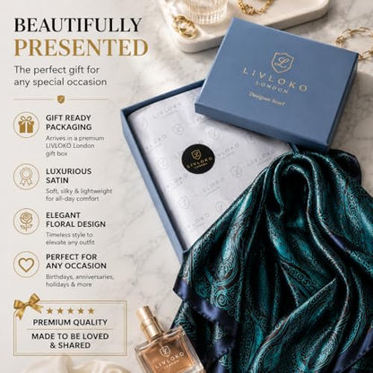LONDON Women’s Satin Silky Scarf Gift Box Large Lightweight Silky Smooth Shawl Wrap for Hair, Head, Neck or Hijab - color: Yoga Mala - Box
