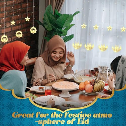 Riakrum 2 Pack Eid Mubarak Fairy Curtain Lights 9.84 ft Star Moon Castle Lights LED Window Star Lights for Ramadan Home Decoration Gifts Wedding Christmas Eid Party Indoor Holiday
