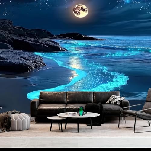FENDROM 3D Fantasy Nature Sky Tapestry Stunningly Beautiful Moon Over Ocean Wall Hanging Landscape Wall Art Blanket for Bedroom Living Room - color: Blue, size: 59"L x 39"W