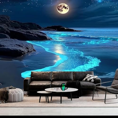FENDROM 3D Fantasy Nature Sky Tapestry Stunningly Beautiful Moon Over Ocean Wall Hanging Landscape Wall Art Blanket for Bedroom Living Room - color: Blue, size: 59"L x 39"W