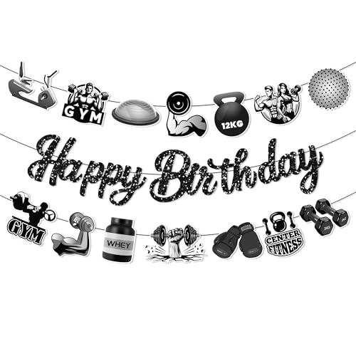 3Pcs Gym Happy Birthday Banner Barbell Boxing gloves Party Hanging Banner Fitness Theme Birthday Bridal Wedding Baby Shower Boys Girls Kids Home Classroom Party Supplies Decorations - color: Gym