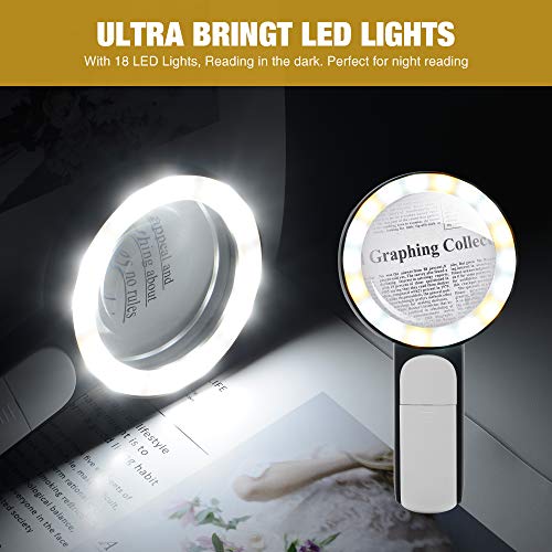Magnifying Glass with Light, Handheld Large Magnifying Glass 18LED Cold and Warm Light with 3 Modes, Illuminated Lighted Magnifier for Seniors Reading, Coins, Jewelry - color: Black