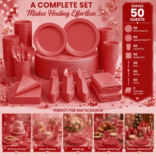 Tinybee 352 Pcs Red Plastic Plates, Disposable Dinnerware Set for 50 - color: Red