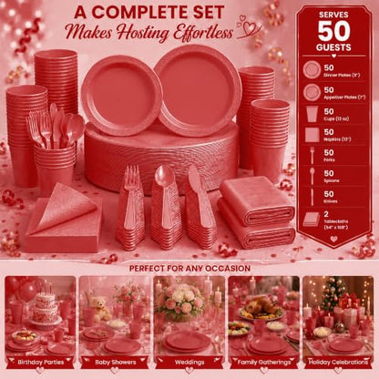 Tinybee 352 Pcs Red Plastic Plates, Disposable Dinnerware Set for 50 - color: Red