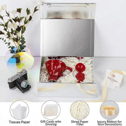UoeRing 1 Pcs Silvery Gift Box 11.5x8x4 Inch with Magnetic Lid | Collapsible Luxury Present Box,for Birthday,Christmas Holiday Gift Includes Card,Ribbon,Tissue Paper & Shredded Filler - color: 11.5x8x4 Inch-Silvery-Pack of 1