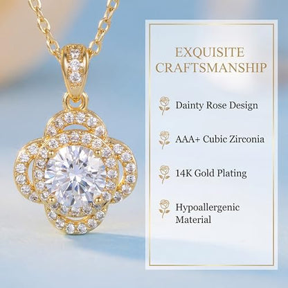 Necklaces for Women - Sparkling Flower Pendant Necklace, 18K Gold Plated Chain, Sunflower Clover Jewelry for Wedding Party, 16+2 Inch - color: Golden