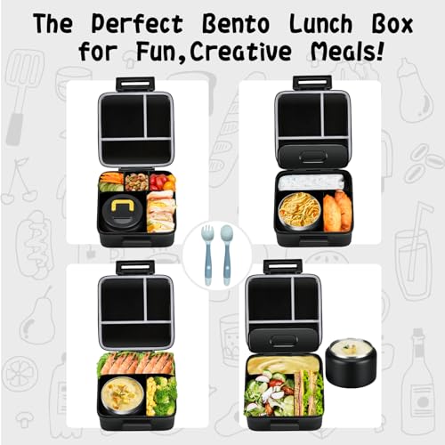 JXXM Bento Lunch Box for Kids With 8oz Soup Thermo,Leak-proof Lunch Containers with 5 Compartment,Thermo Food Jar and Lunch Bag, Food Containers for School (A-Black(Circumnavigate Space)) - color: A-Black(Circumnavigate Space)