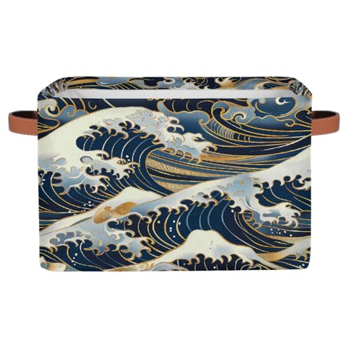 Ocean Waves Japanese Storage Basket with Handles Collapsible Storage Bins Rectangular Toy Storage Organizer Box Fabric Shelf Baskets for Nursery Bedroom Bathroom 1PC - color: Ocean Waves Japanese