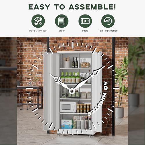Greenvelly 73" Metal Storage Cabinet with Wheel, Lockable White Metal Garage Cabinets with 2 Doors and 4 Adjustable Shelves, Rolling Steel Tool Cabinet for Garage, Home Office, School - color: White, style: 73"H-Wheels