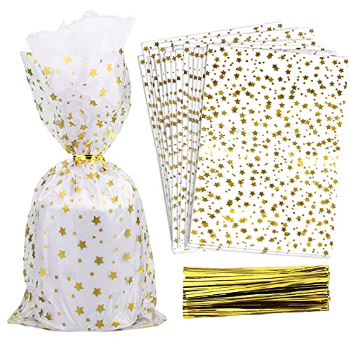 100 Pcs Star Printed 6"X10" Gift Wrap Cello Cellophane Treat Bags Party Favor bags Clear Candy Cookie Bags Plastic Poly Goodie Storage Bags with Twist Ties for Bakery,Birthday, Wedding ,Party Decorations (Gold) - color: Gold, size: 6x10 in