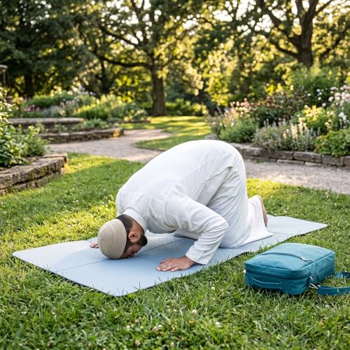 Foldable Muslim Prayer Mat Set with Travel Bag, TPE Islamic Prayer Rug, Tasbih Prayer Beads & Prayer Hat, Portable Prayer Carpet for Men Women, Travel, Ramadan, Eid Gifts