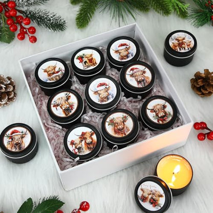 Nuanchu 24 Pack Christmas Scented Candles Gift Set Highland Cattle Candle for Her Him 2oz Natural Soy Wax Jar Long Lasting Aromatherapy Bulk Favors Set for Christmas Party Home Decor - style: Highland Cattle