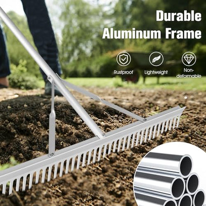 Goplus Landscape Rake 36 Inch, Aluminum Sand Rake w/36 Tines and 68" Long Non-Slip Handle, Beach Rake, Yard Rake Tool for Loosening & Leveling Soil, Garden Lawn Care, Collecting Leaves