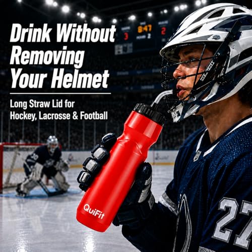 QuiFit Lacrosse Water Bottle with Long Straw - Hockey 1 Liter Water Bottles 2 Pack with 2 Lids Each- BPA Free Squeeze lightweight Water Bottle, Leakproof Dishwasher Safe- for Helmet,Baseball (Red) - color: Red