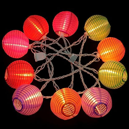 HOSY 10-Pack Multicolor 3-in Lantern, 11 ft White Wire Plug-in String Light | Self-assembly Required, Nylon Fabric, 3-in Diameter, 12-in Spacing, End-to-end Connectable, UL Certified - color: Multicolor