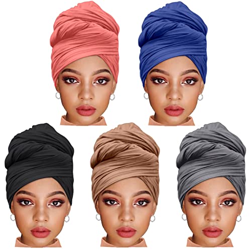 ZRQ 5 Pieces Stretch Headwrap Scarf Jersey Turban Fashion Headwear Boho Extra Long Scarf Soft Breathable Easy Knot Hijab Tie for Black Women (Black,Camel,Denim Blue,Watermelon Red,Dark Grey) - color: Black,Camel,Denim Blue,Watermelon Red,Dark Grey