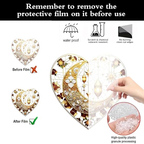 Heart Shaped Crescent Moon Lantern Floral Acrylic Suncatcher with Hanging Chain, Islamic Style Window Decor for Home, Patio, Garden,Ideal Present for Ramadan, Eid, Wedding, Housewarming/YX-45